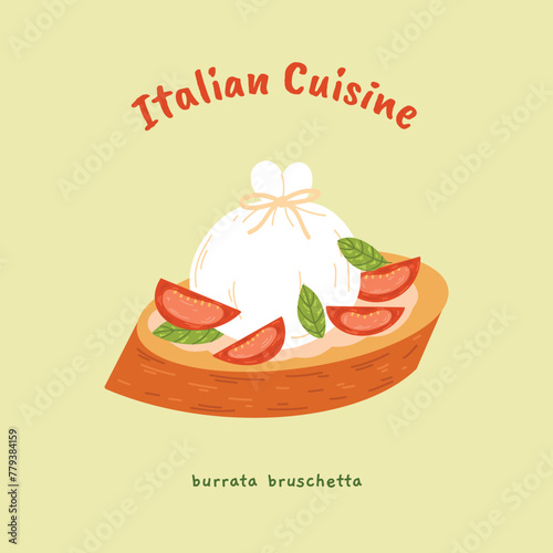 Vector illustration of Burrata Bruschetta.