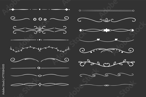 Chalk divider thin line classic geometric deco border separator collection isolated on dark chalkboard background. Florish arnament, embelish.