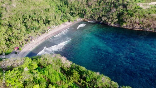 Aerial View Of Turquoise Gamat Bay With Waves And Tropical Palm Paradise On Sandy Beach In Nusa Penida, Bali, Indonesia. photo