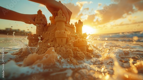 Children's hands building a sandcastle on the beach with waves gently washing ashore in the golden light of sunset. photo