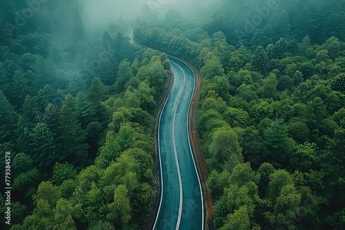 Aerial view of a winding asphalt road in an evergreen tropical forest. A road less traveled, snaking amidst emerald canopies, a scenic escape.