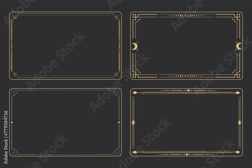 Line golden frame, celestiam minimal esoteric border, mystyc linear decoration with dots, corners isolated on dark background. Geometric shape, tarrot  photo