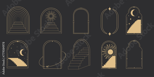 Golden thin line arch frame door stairs, sun and stars, mystic portal, astrology border, decoration, set minimal tatoo on dark background.