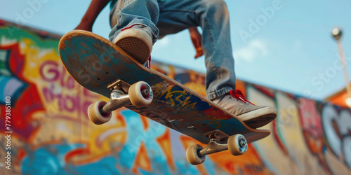 Unrecognizable hipster balancing on board. Hobbies of youth young people concept. Close-up feet in sneakers of teenager riding skateboard in skatepark. Active skater legs practicing skateboarding