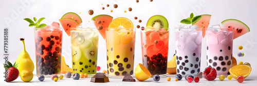 Set of Bubble milk tea drink design, Boba milk tea, taiwanese asian menu, Delicious sweet bubble tea cup with straw,Assortment of fruit smoothies on white background 