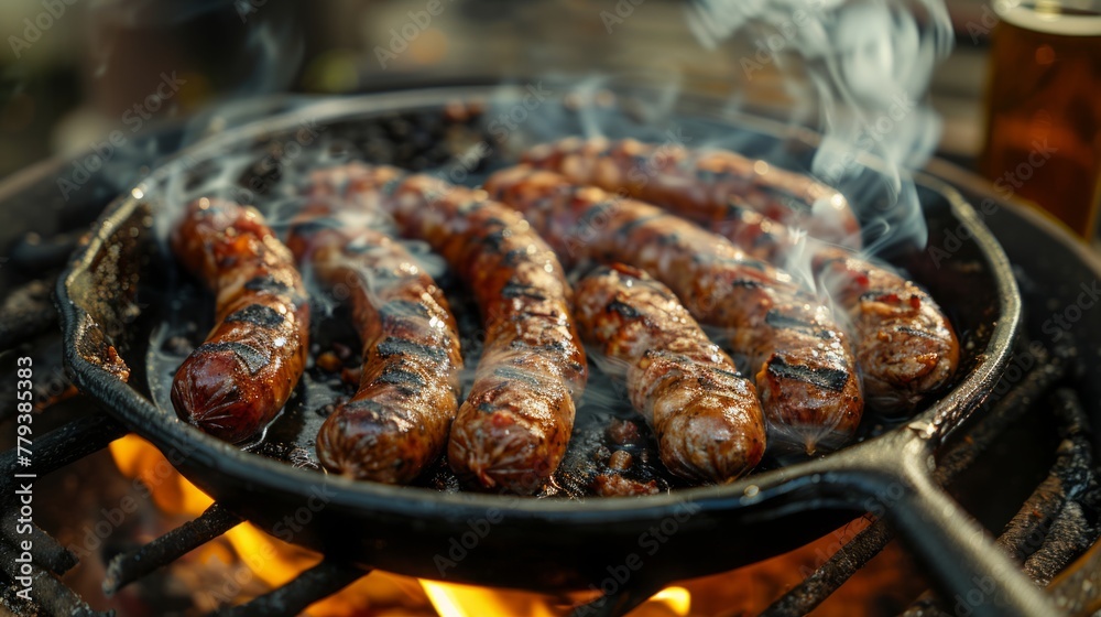 Sizzling sausages in a pan with rising steam.