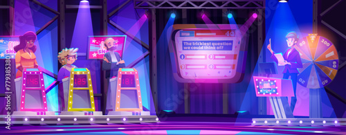Tv quiz show. Contest game in studio with stage vector background. Trivia television program interior design. Live event room for media project with woman and man. People guess puzzle entertainment © klyaksun