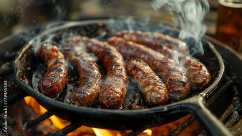 Sizzling sausages in a pan with rising steam.