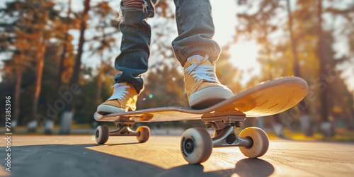 Close-up feet in sneakers of teenager riding skateboard in skatepark. Active skater legs practicing skateboarding. Unrecognizable hipster balancing on board. Hobbies of youth young people concept photo