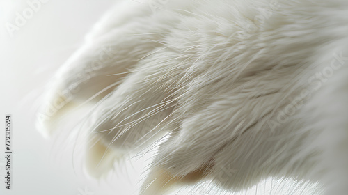 Closeup of a White cat's claw, Vivid lighting highlights the claw's curvature and fine lines on white background 