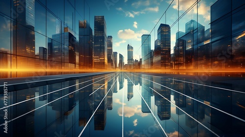 Picture of modern skyscrapers of a smart city, futuristic financial district with buildings and reflections 