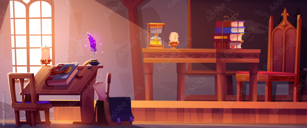 Obraz premium Magic school room with book cartoon background. Classroom or library interior in castle. Medieval fairy tail class to study sorcery spell and wizardry. Ancient teacher table in magician campus inside