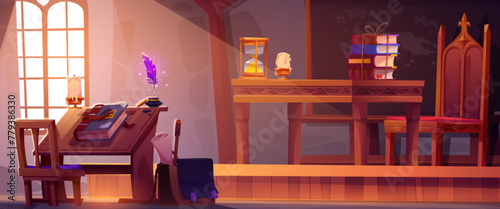 Magic school room with book cartoon background. Classroom or library interior in castle. Medieval fairy tail class to study sorcery spell and wizardry. Ancient teacher table in magician campus inside