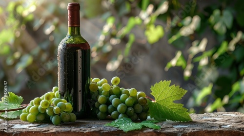 Sunlit wine bottle with green grapes on stone photo