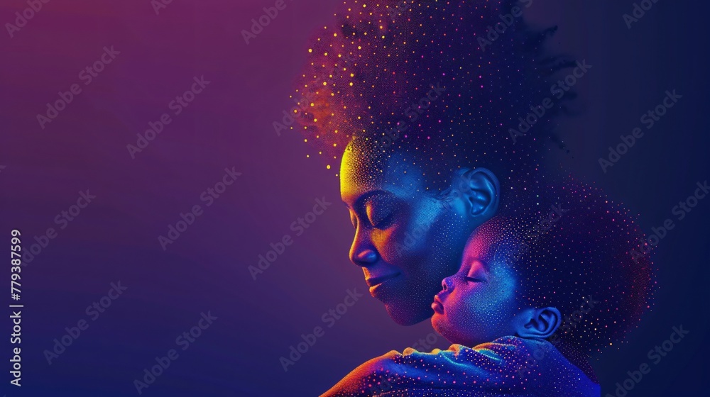 A black mother tenderly holding her child depicted with a palette of warm and nurturing colors in 3D embossed dots A black mother tenderly holding her child depicted with a palette of warm and nurturing colors in 3D embossed dots
