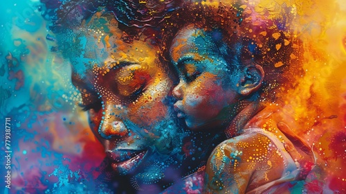 A black mother tenderly holding her child depicted with a palette of warm and nurturing colors in 3D embossed dots