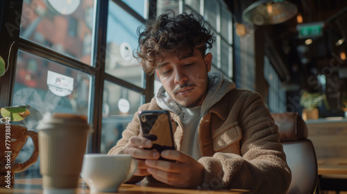 Young Curly-Haired Man Using Smartphone in a Trendy Urban Cafe Corner
