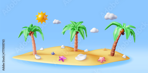 3D Landscape of Palm Tree on Beach. Render Tropical Island with Starfish. Sun with Clouds. Concept of Summer Vacation. Summer Holiday  Time to Travel. Beach Relaxation. Realistic Vector Illustration