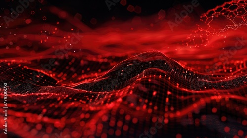 Abstract red tech background with digital waves, Dynamic network system, Artificial neural connections, Technology background.