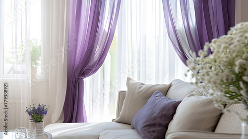 purple window curtains and white tulle on the white wall background © Kateryna Kordubailo
