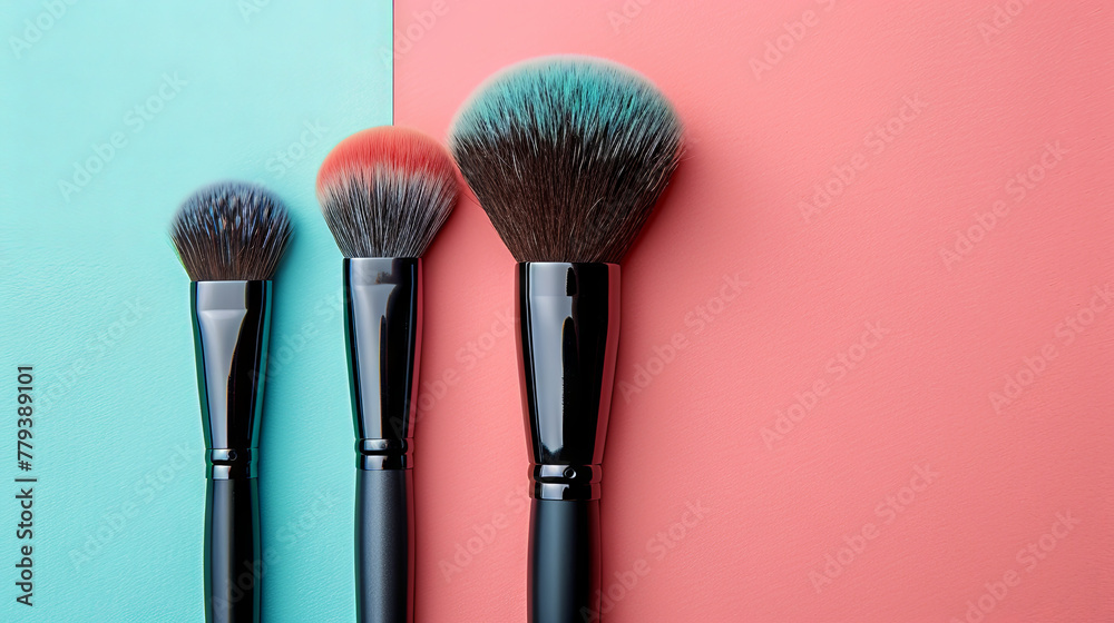 Set of makeup brushes on pink and aqua color, fashion concept, beauty industry - obrazy, fototapety, plakaty 
