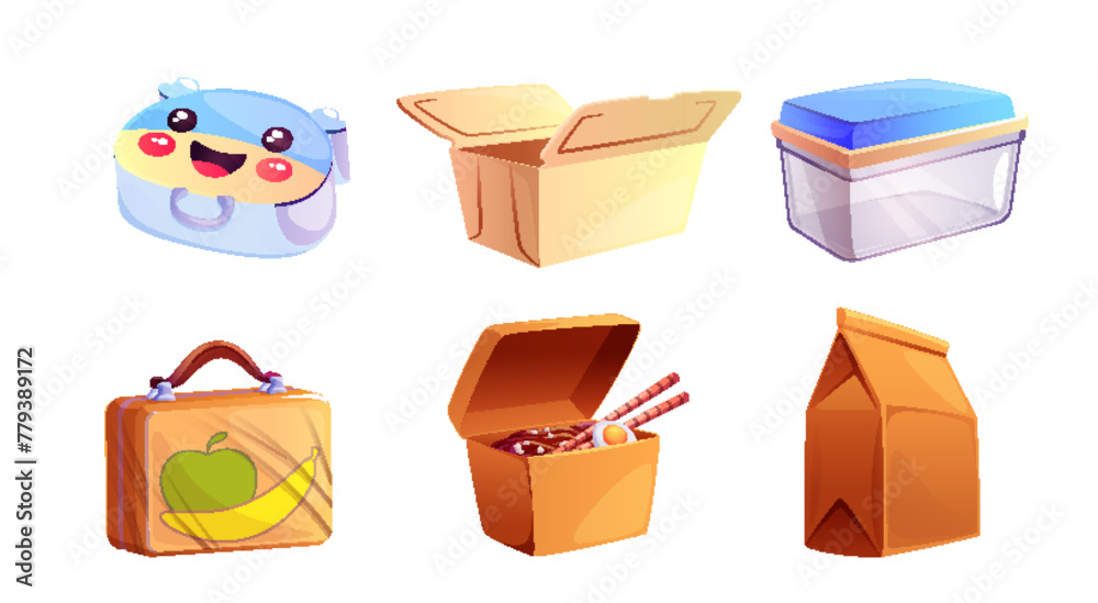 Set of lunchboxes for snacks isolated on white background. Vector cartoon illustration of plastic, glass containers for meal, asian noodles with chopsticks, craft paper bag for restaurant food to-go - obrazy, fototapety, plakaty 