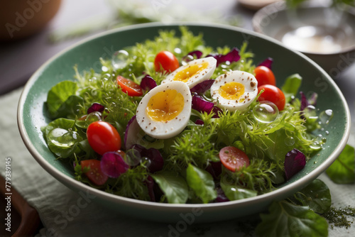 a bowl of salad with boiling egg, sunlight filtering through the window, fresh healthy life food