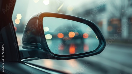 Rear view mirror in a car. Monitoring the road through the car's rear-view mirror.