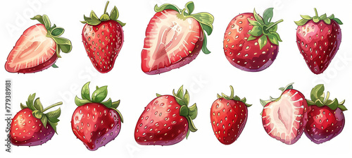 Set of strawberries with leaf isolated on the white background, summer time, harvest, cultivation