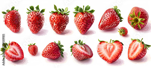 Set of strawberries with leaf isolated on the white background, summer time, harvest, cultivation