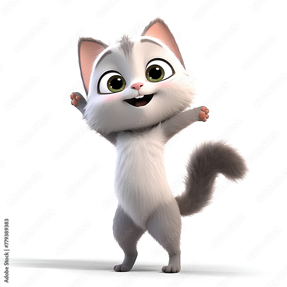 Happy White Kitten, 3D Character, Excited Pose Happy White Kitten, 3D Character, Excited Pose