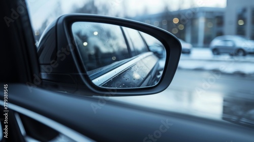 Rear view mirror in a car. Monitoring the road through the car's rear-view mirror. © Vladimir