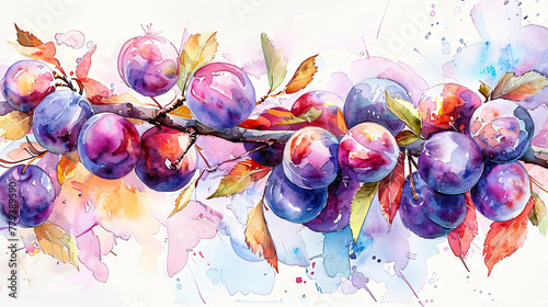 watercolor illlustration of fruit plum branch, purple background photo