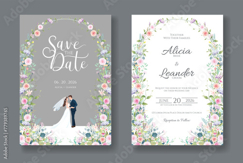Wedding Invitation, save the date, card template. Vector. The bride and groom was standing between an arch of beautiful flowers.