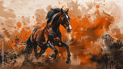 A majestic horse galloping freely captured in a dynamic mix of browns and blacks with 3D embossed dots