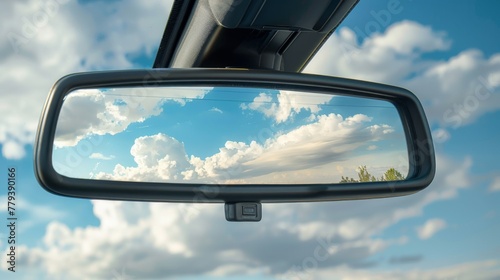 Rear view mirror in a car. Monitoring the road through the car's rear-view mirror.