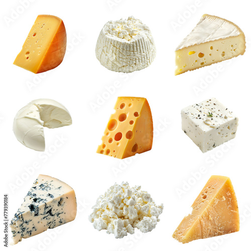 Set of various types of cheese on transparent background. Food and dairy ingredients concept. Product shot for set, collection, menu, elements for design photo