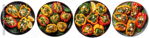 Peppers stuffed with feta and spinach on a plate, top view