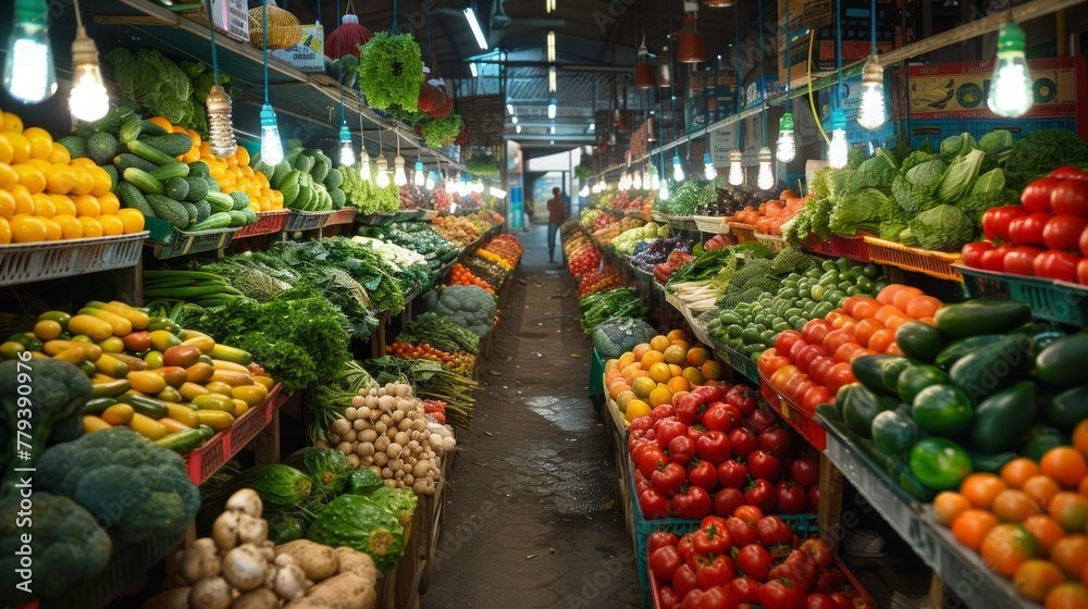 Indoor market aisle lined with assorted vegetables