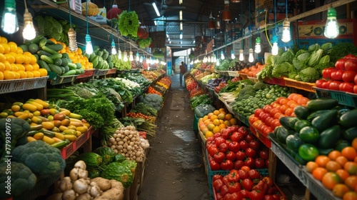 Indoor market aisle lined with assorted vegetables