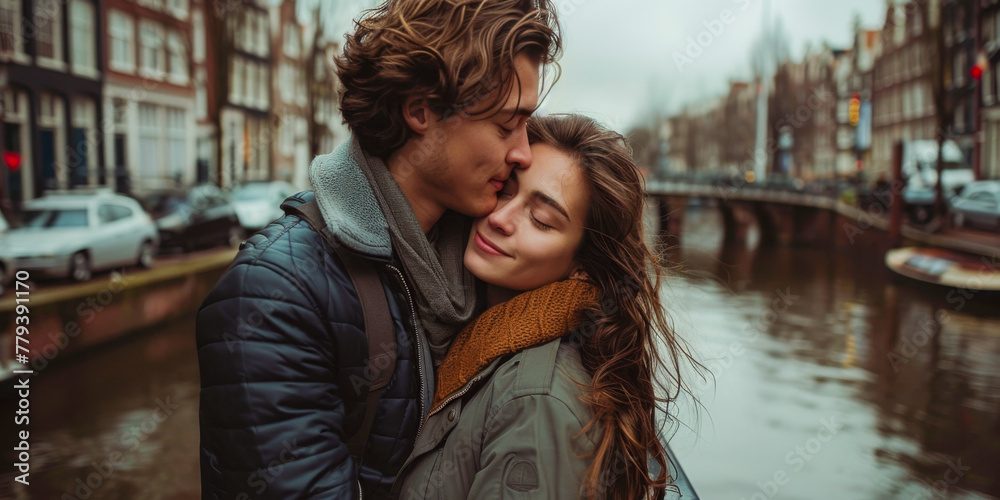 Romantic Couple Embracing by Canal