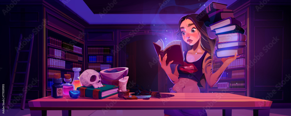 Naklejka premium Girl open book in magic school library background. Fantasy interior with bookcase and wizard character reading and study spell. Mystic fairytale legend and woman enchanted with literature at night