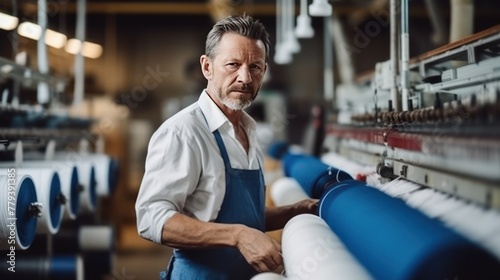 Photo of a middle aged Caucasian man working on a fabric production line. It configures the operation of the conveyor. Labor automation in light industry as the key to business success.