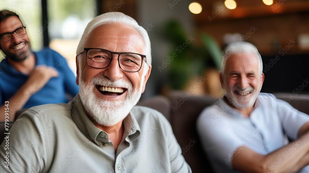 Old male friends of different races laugh remembering times and events sitting on couch in living room of apartment. Positive emotions and lifelong friendship. Close-up photo. Old male friends of different races laugh remembering times and events sitting on couch in living room of apartment. Positive emotions and lifelong friendship. Close-up photo.