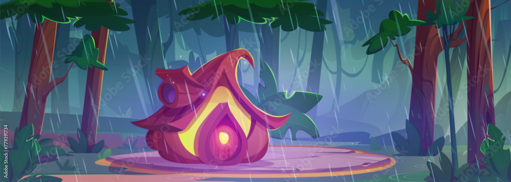 Naklejka premium Rain in magic forest and house game cartoon design. Rainy weather in spring and green plant nature landscape. Jungle environment with fantasy pumpkin elf home. Outdoor tropic fairytale adventure