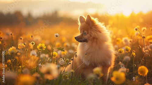 beautiful Pomeranian puppie against the background of sunrise. flowering field  photo