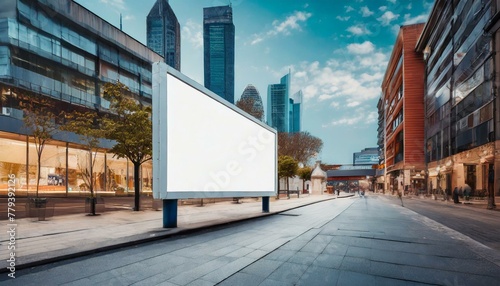 billboard on the street.a blank white horizontal billboard positioned along a vibrant urban street. The mockup advertising board functions as a digital display, offering a versatile platform for showc