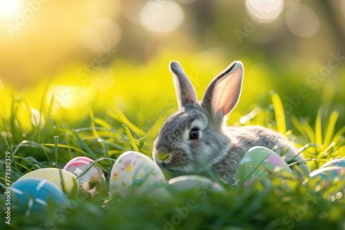 A happy rabbit is sitting in the grass among Easter eggs in a natural landscape  surrounded by terrestrial plants and enjoying the grassland AIG42E