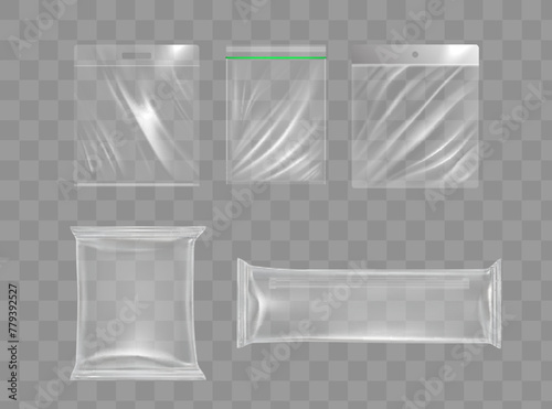 Realistic Transparent Empty Plastic Food Packaging Template Set.