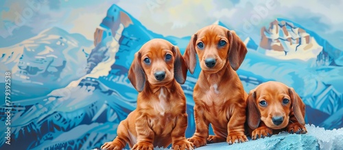 bright beautiful cute Dachshund puppies against a background of mountains painted with oil paints. --ar 16:7 Job ID: 2a70e08d-7cae-4912-a196-1805dc050a7f